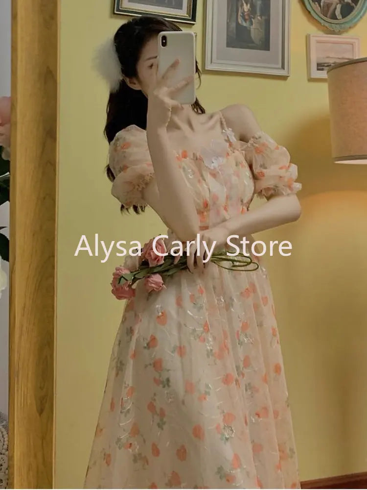 jinran Sweet Elegant Floral Fairy Dress Women Casual Vintage Chic Party Dress Evening Princess Dress Female 2024 Summer Fashion Korean