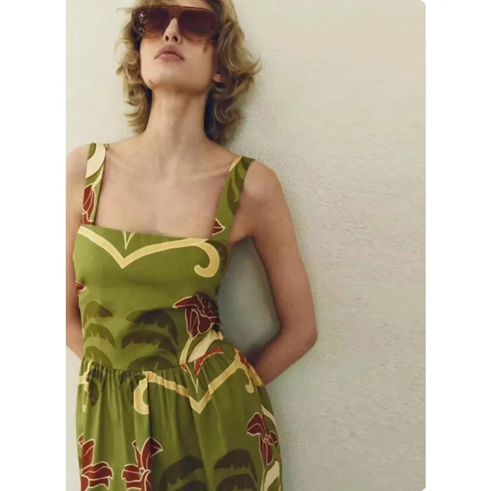 jinran Printed Lace Up Sling Long Dresses Women Sexy Backless Sleeveless Female Dress 2024 Summer Beach Holiday Loose Lady Vestidos