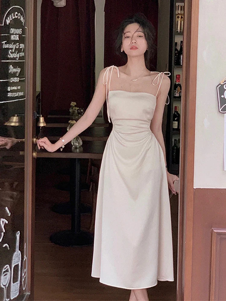 jinran Sexy Satin Midi Dress Women Spaghetti Strap Backless Summer Holiday Slim Vintage Wedding Prom Robe One Piece Vestidos Mujer New