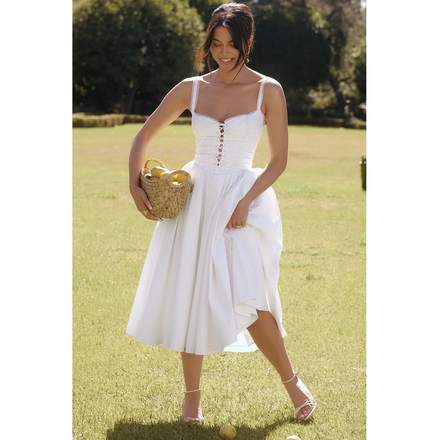 jinran 2024 White Dress Women Halter Cotton Long Dress Lace Elegant Party Outfits Ladies Sexy Club Clothes