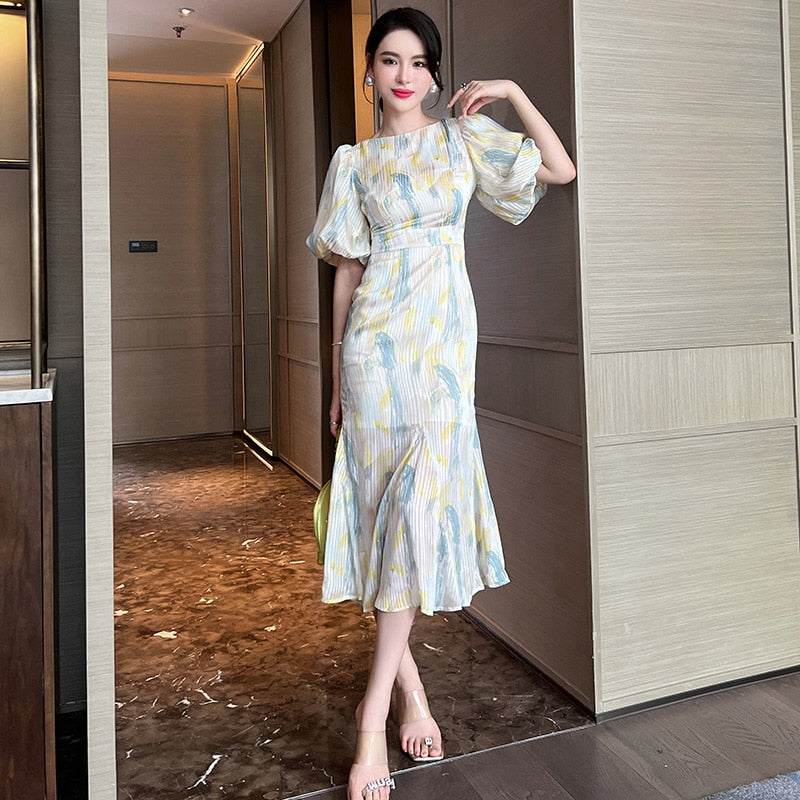 jinran Summer Women Vintage Dress Round Neck Puff Sleeve Printed Sexy Long Mermaid High Waist Midi Dress Elegant Retro French Dress