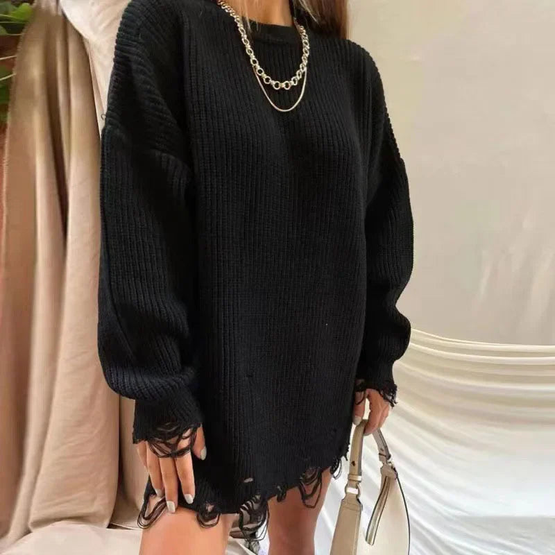 jinran Women Ripped Hole Knit Dress Autumn Winter Long Sleeve Mini Sweater Dresses Casual Loose Oversize Knitted Short Dresses