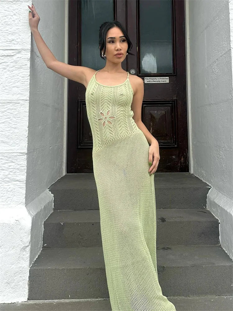 jinran Summer Knit Bandage Maxi Dress Female Hollow Out See-Through Printed High Waist Backless Beach Holiday Women Long Dress