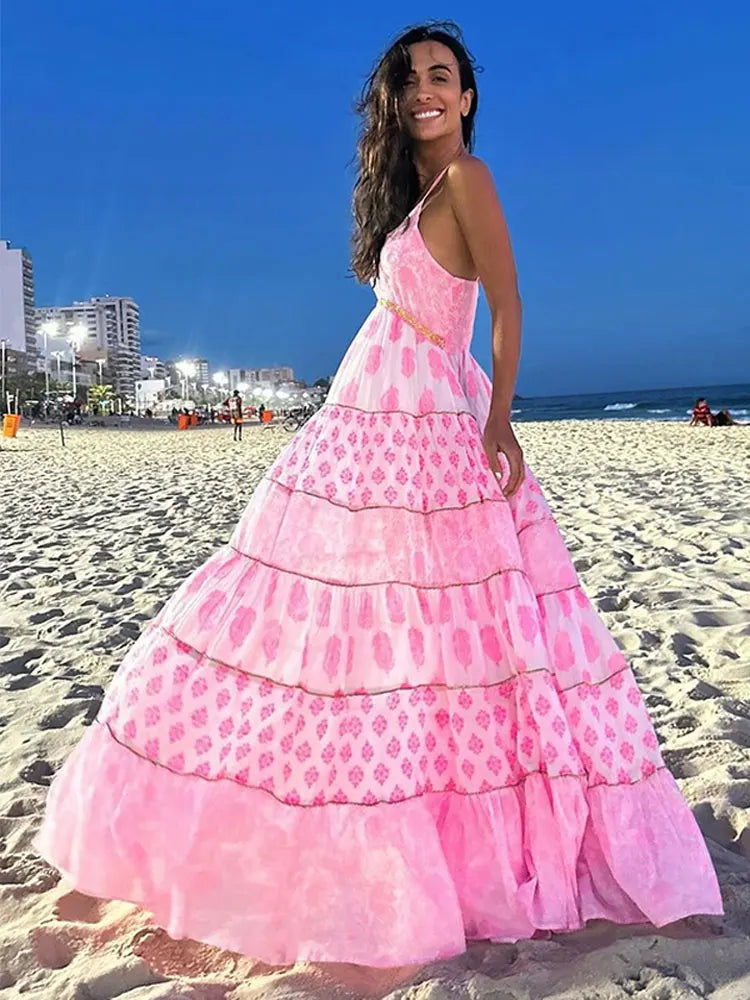 jinran Print Ruffles Oversized Hem Women Dress Fashion Loose Long Backless Sling Vestidos Spring Summer Casual Beach Female Robe