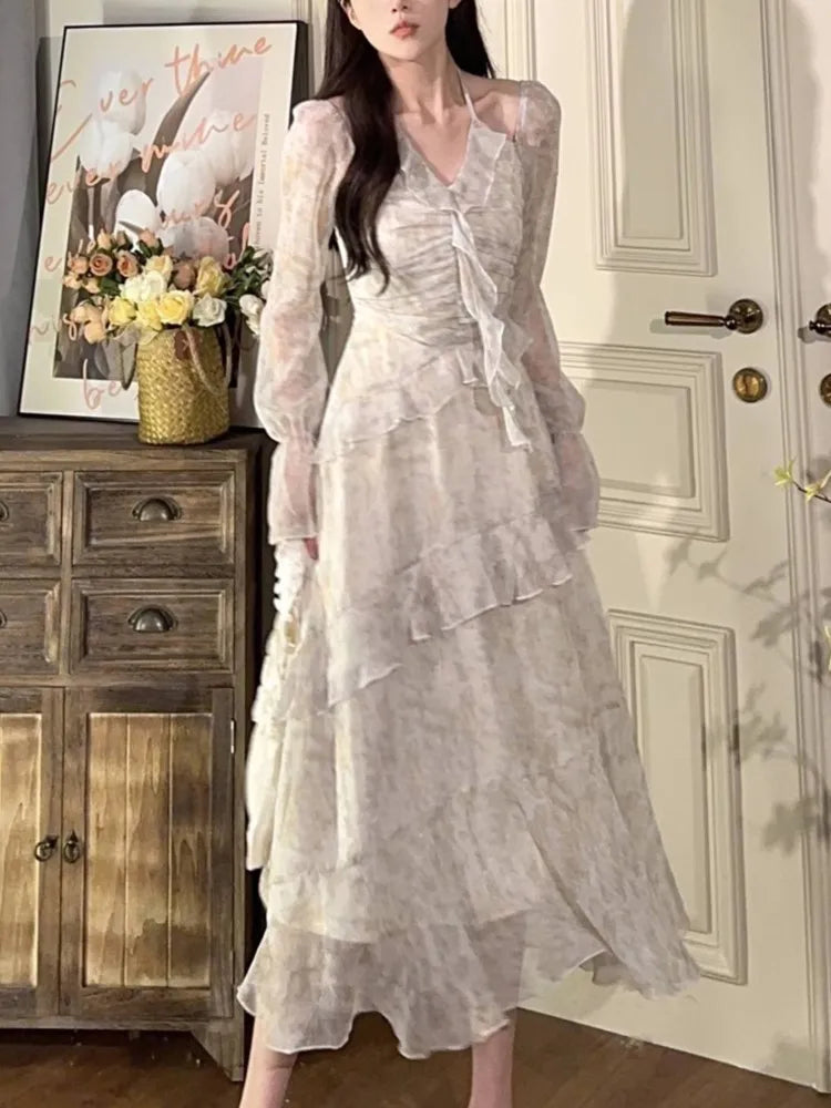 jinran Y2K Ruffles Irregular Short Dress Women Summer New Tie Dye Flare Sleeves Spring Elegant Party Dress Prom Robe Halter Vestidos