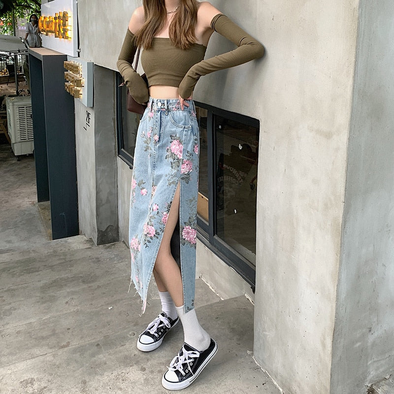 jinran Spring And Summer Trendy Flower Split Denim Skirt Women's 5XL Slightly Fat MM Thin Bag Hip Mid-length A-line Skirt