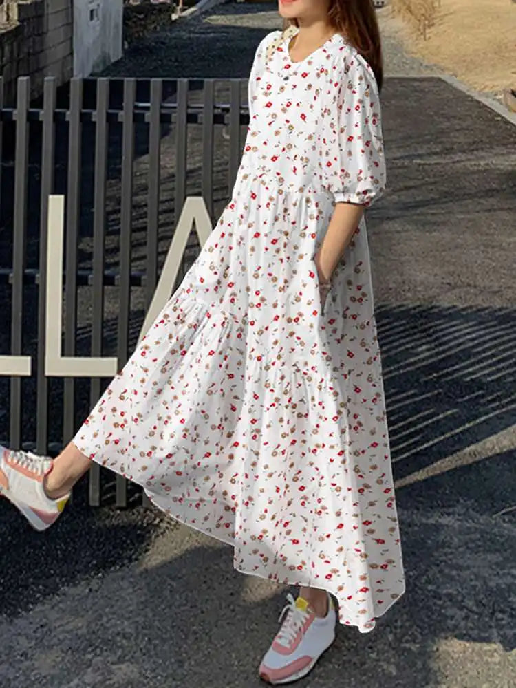 jinran Women Summer Floral Sundress Bohemian Printed Dresses Holiday Party Beach Dress Short Sleeve Maxi Vestidos Robe Femme