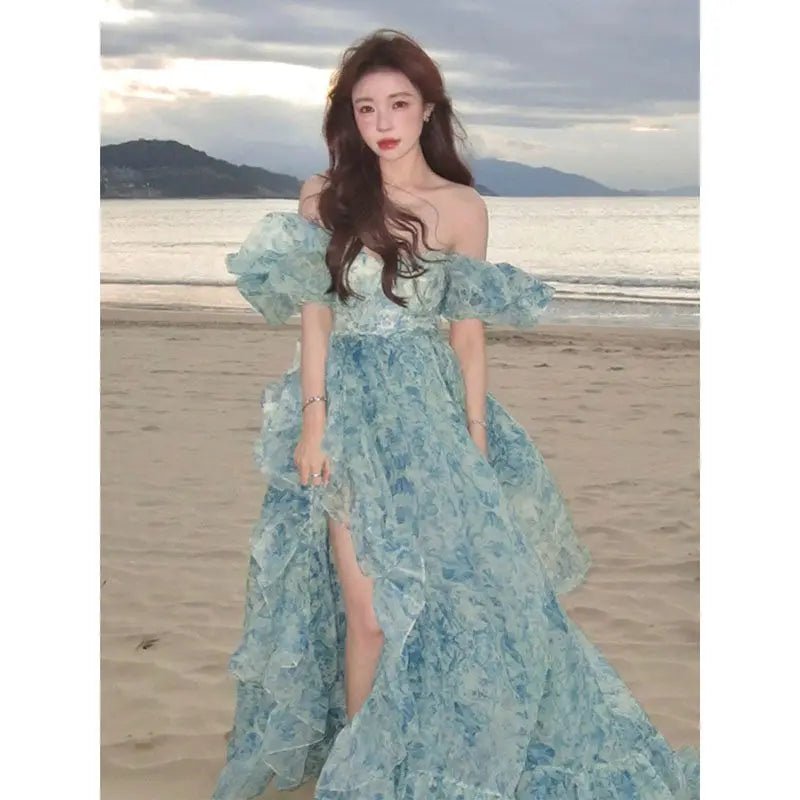 jinran 2024 Summer Vintage Fairy Floral Dress Women Casual Princess Long Split Dress Female Elegant Korean Evening Party Dress Ruffles