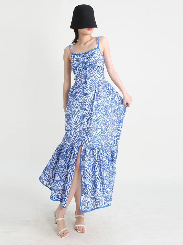 jinran Slim Hollow Out Dresses For Women Square Collar Sleeveless High Waist Split Dress Female Fashion Style Clothing New