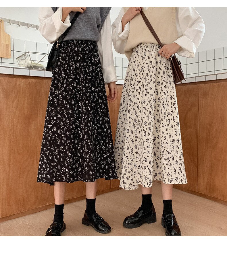 jinran Summer New Floral Print A Line Pleated Women Long Skirts 2022 Korean Fashion Elastic Waist Sweet Retro Midi Skirt Streetwear