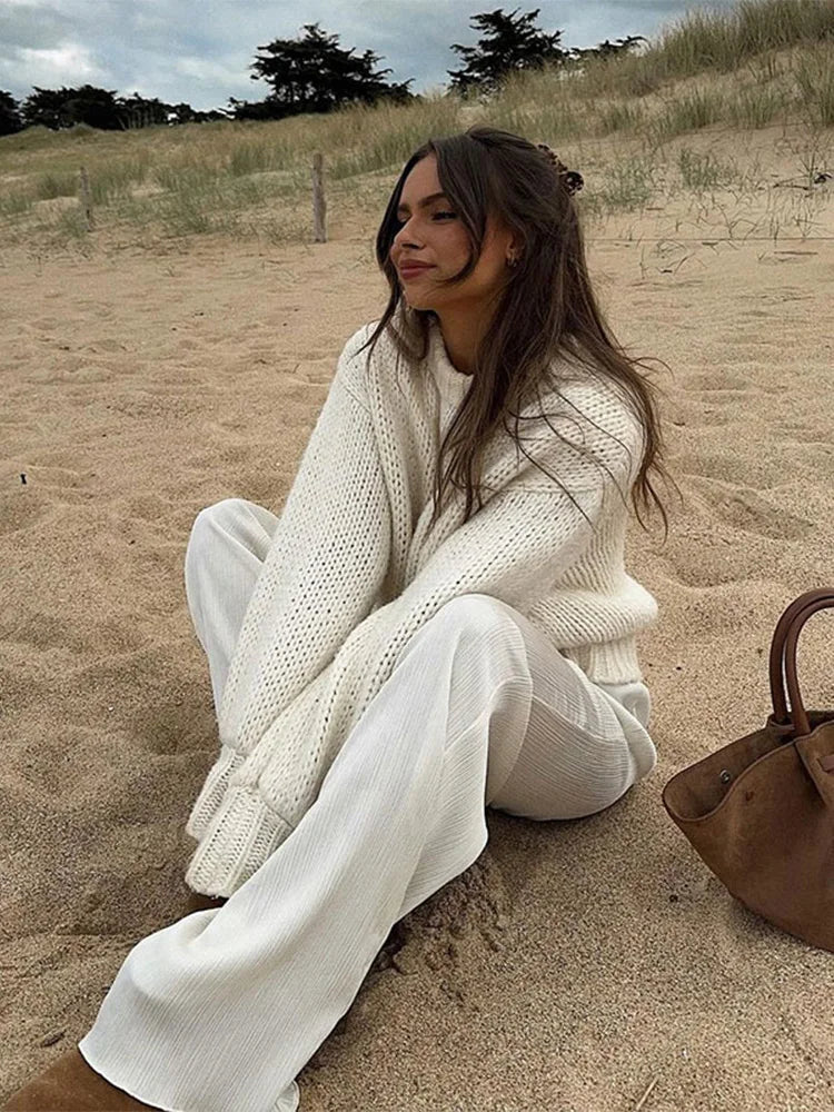nvxiot - Autumn Solid Wool Blends Round Neck Knitted Pullover Women Casual Lattern Long Sleeve Loose Warm Sweater New Streetwear lady