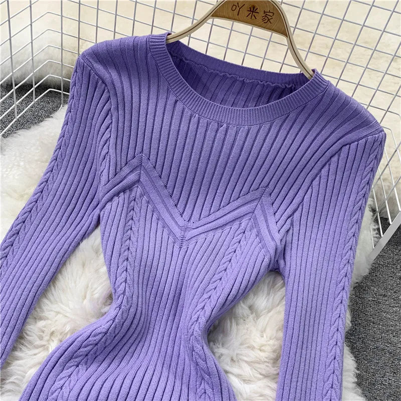 jinran Women Chic Elegant O-neck Elastic Bodycon Dress Sexy Long Sleeve Fashion Knit Vestidos Basic Autumn Winter Casual Sweater Dress