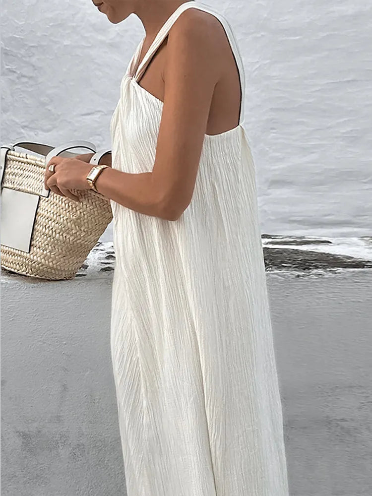 jinran Sexy White Off Shoulder Halter Pleated Maxi Dress For Women Fashion Sleeveless Loose Dresses 2024 Lady High Streetwear Vestidos