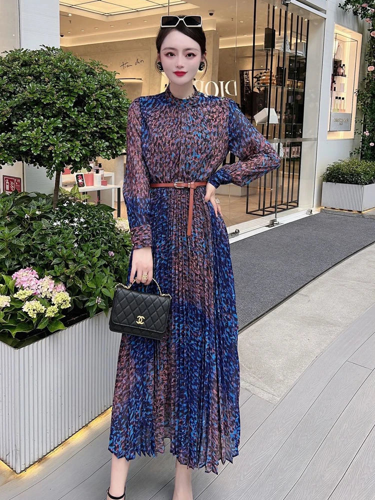 jinran Runway Leopard Print Long Pleated Dress Women 2024 Spring Elegant Designer Long Sleeve Vintage Bohemian Holiday Vestidos