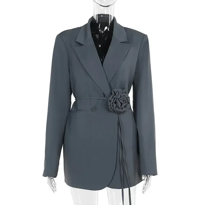 nvxiot - Bandage Flower Blazer Dress Female Fashion Lace Up Loose Casual Street Cardigan Blazers 2024 Autumn Vintage New Dress