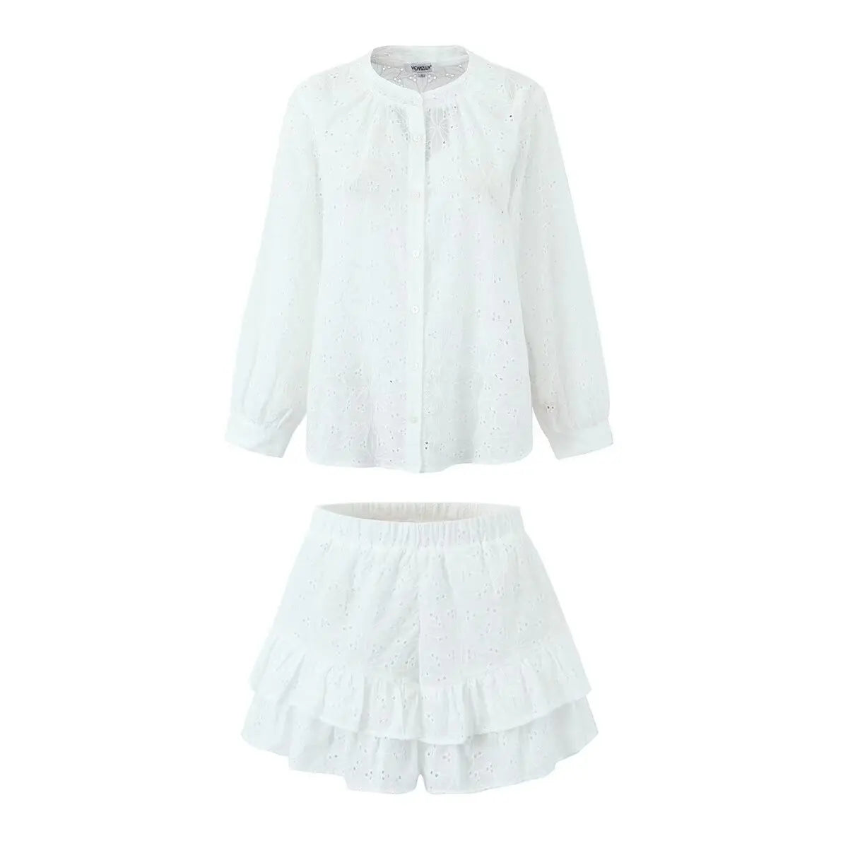 jinran Long Sleeved Shirt Shorts Sets Women Summer Stand Collar Single Breasted White Blouse Suits Casual Vacation 2 Pieces Set Outfit