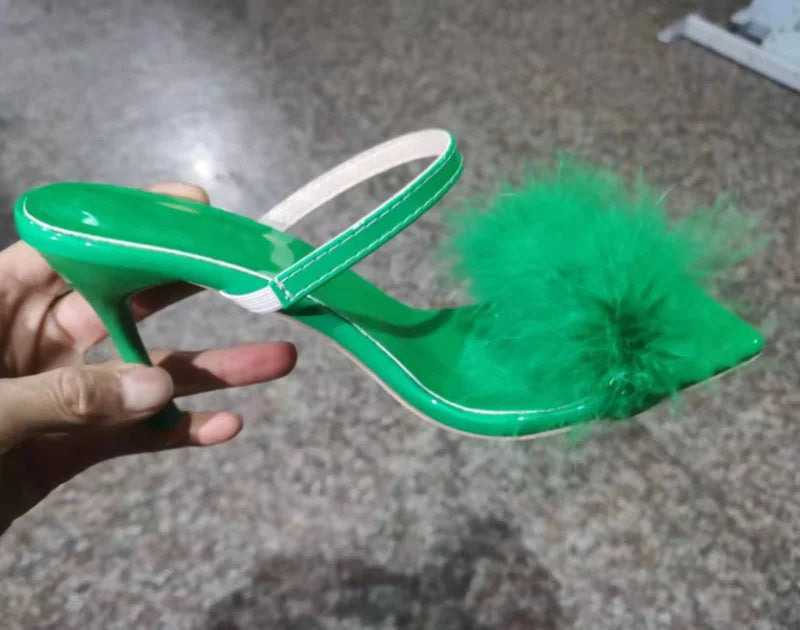 jinran Women's Stiletto High Heel Slippers Sexy Square Toe Feather Green Mules 2024 Summer New Fashion Open Toe Party Wedding Slippers
