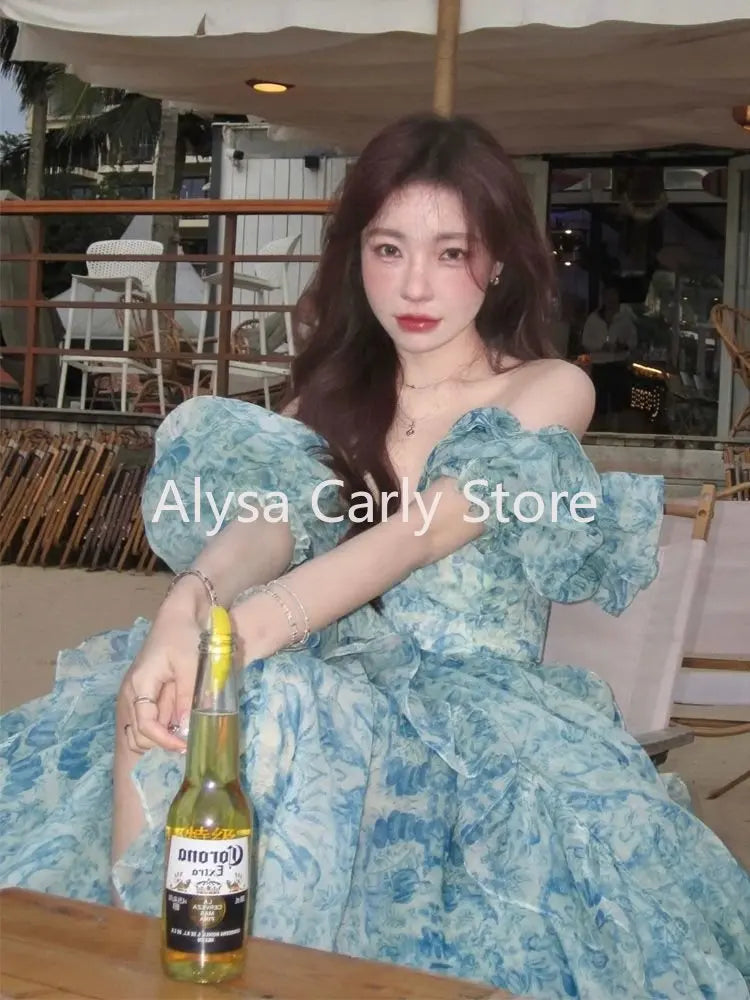 jinran 2024 Summer Vintage Fairy Floral Dress Women Casual Princess Long Split Dress Female Elegant Korean Evening Party Dress Ruffles