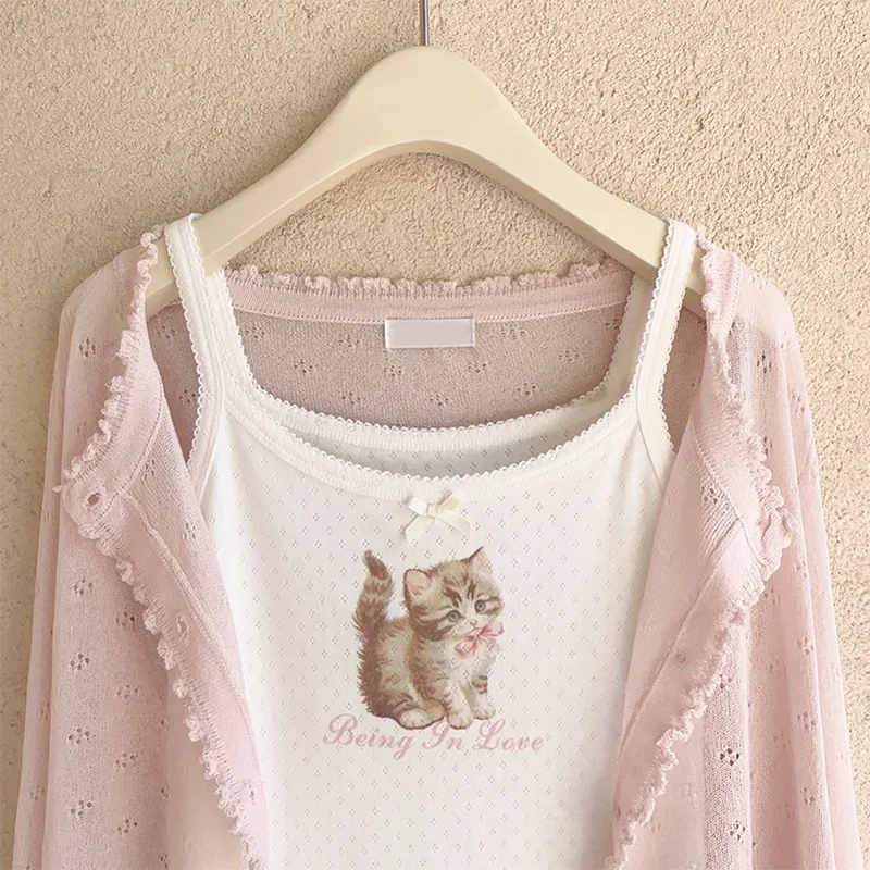jinran Cute 2 Piece Tops Women Summer 2023 Cardigans and Crop Tops for Sweet Girls Floral Cat Print Kawaii Clothes