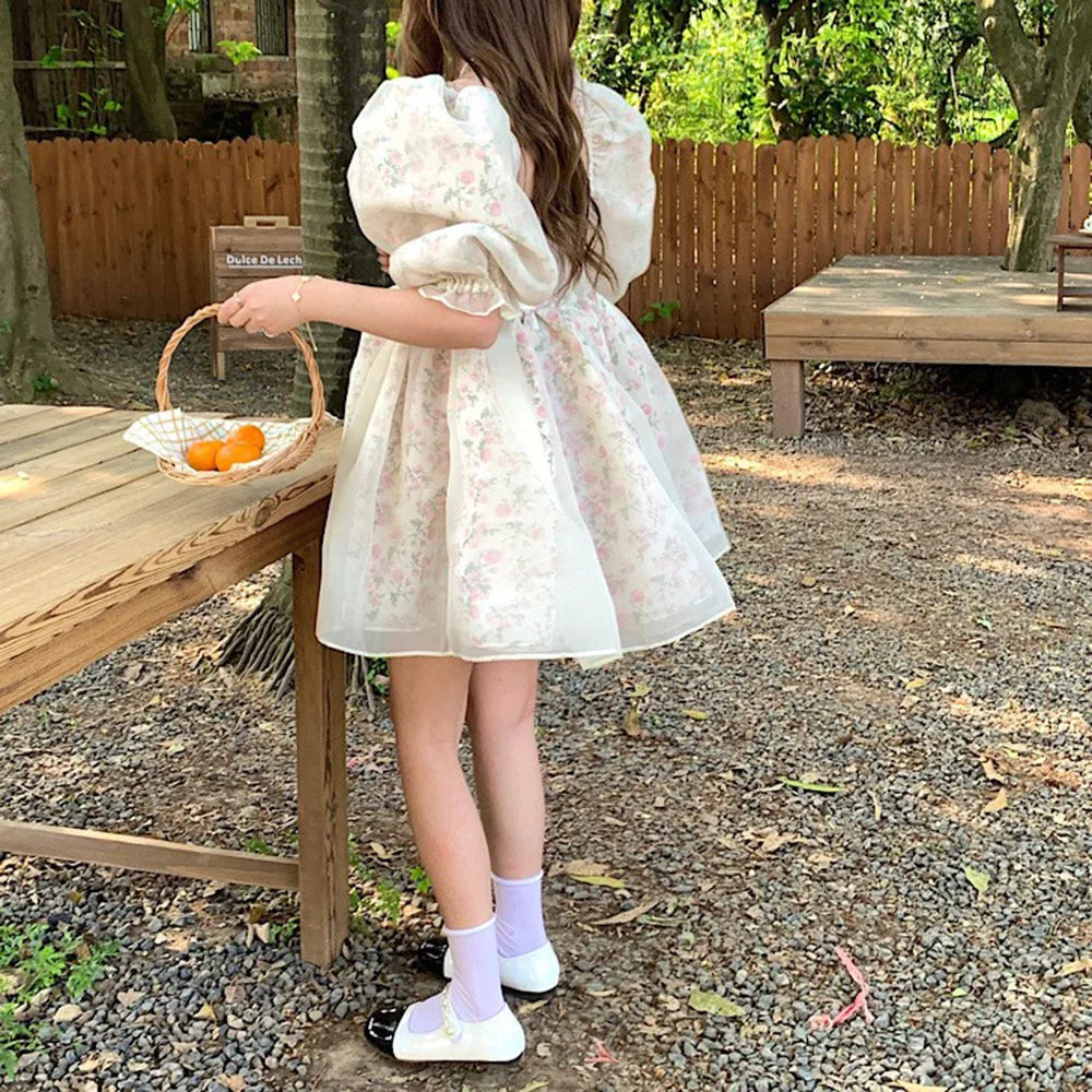 jinran Sexy Square Neck Puff Sleeve Holiday Party Dress Summer Women Both-Sides Wear Floral Print Chiffon Organza Dress Short Vestido