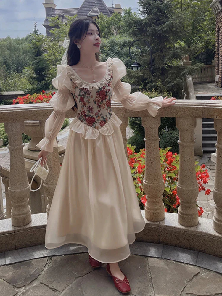 jinran Vintage Elegant Print Floral Dress Women 2024 Autumn O-neck Casual Evening Party Midi Dress Female Puff Sleeve Korea Fairy Dress