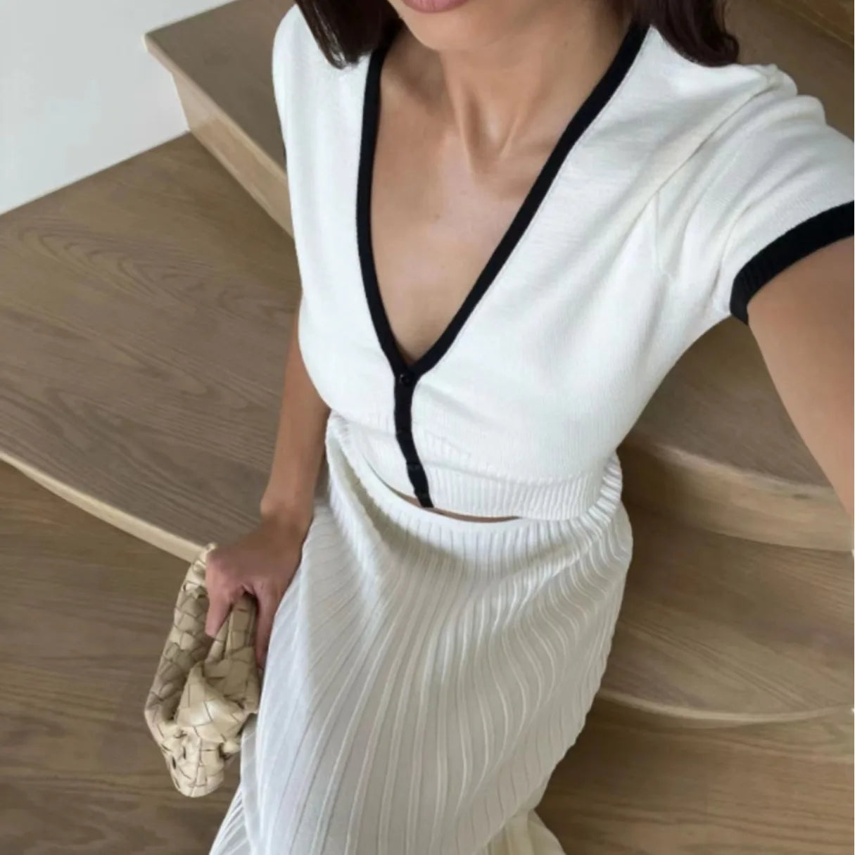 jinran New Summer Knit Patchwork 2 Pieces Sets Women Crop Top Long A-line Skirts Matching Suit Knitwear Slim Fit Pleated Skirt Outfits