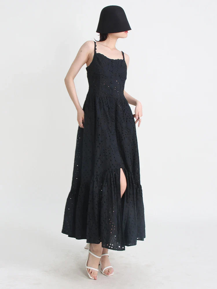 jinran Slim Hollow Out Dresses For Women Square Collar Sleeveless High Waist Split Dress Female Fashion Style Clothing New