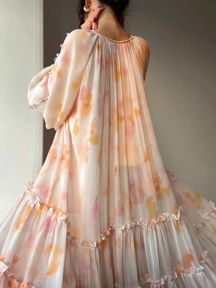 jinran Elegant Print Midi Dresses For Women 2023 Spring Summer New French Fashion Sweet Vintage Female Clothes Loose Maxi Y2k Dress