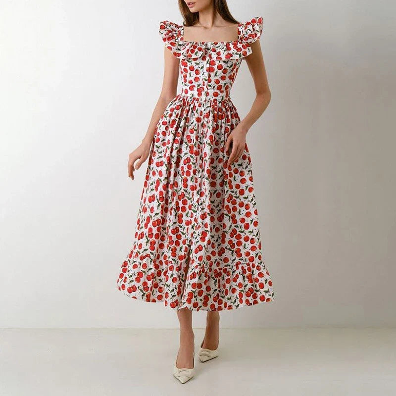 jinran Women Sexy Square Collar Hem Boho Long Dress Spring Print Button A-Line Party Dress Summer Puff Sleeve Ruffle Holiday Maxi Dress