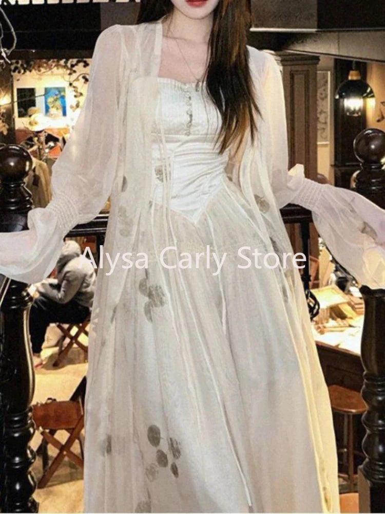 jinran Vintage Floral Dress Women Elegant Korean Style Patchwork Slip Dress Female Casual Party Long Fairy Dress Autumn 2024