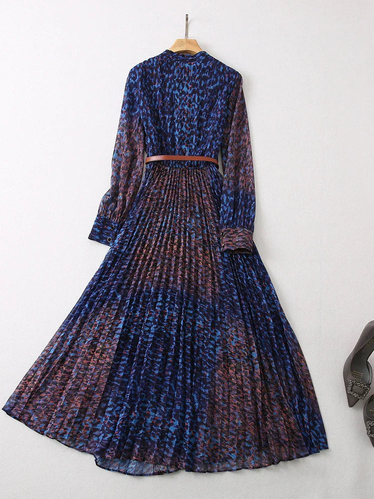 jinran Runway Leopard Print Long Pleated Dress Women 2024 Spring Elegant Designer Long Sleeve Vintage Bohemian Holiday Vestidos