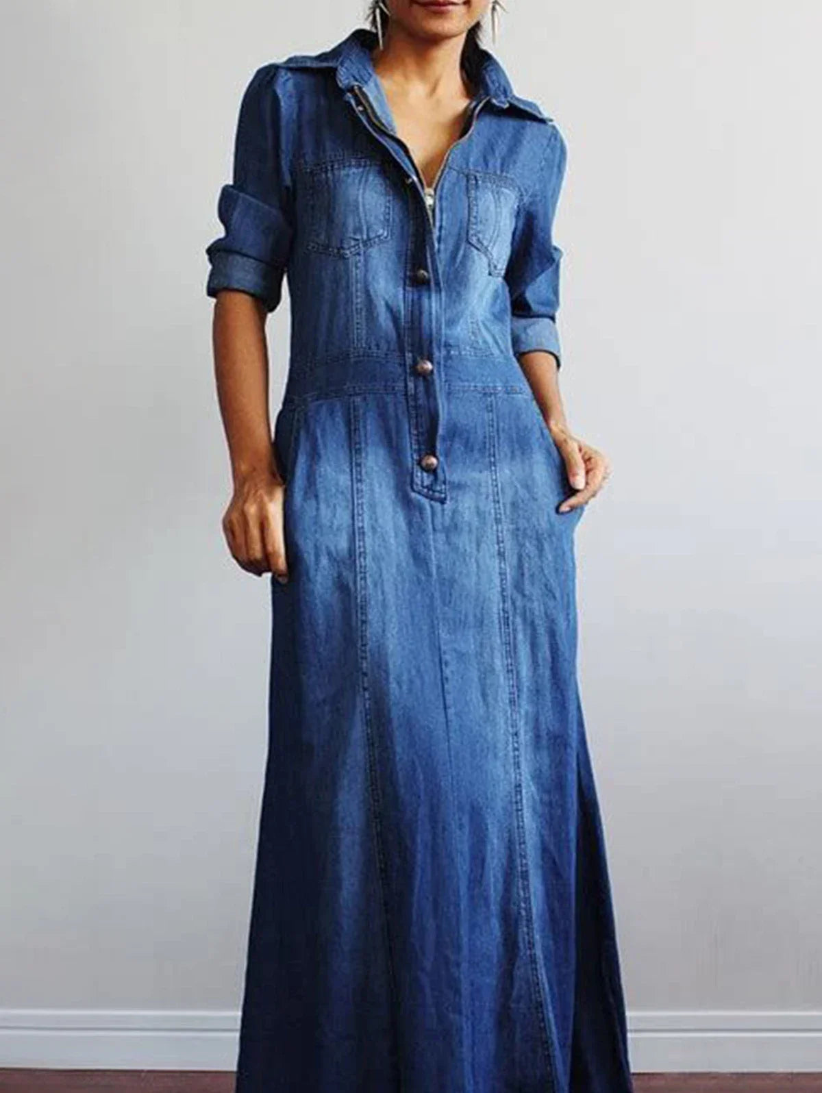 jinran Dress for Women 2024 Spring Korean Fashion Vintage Denim Dress A-line Long Sleeve Button Zipper Pocket Maxi Dress Lady Clothing