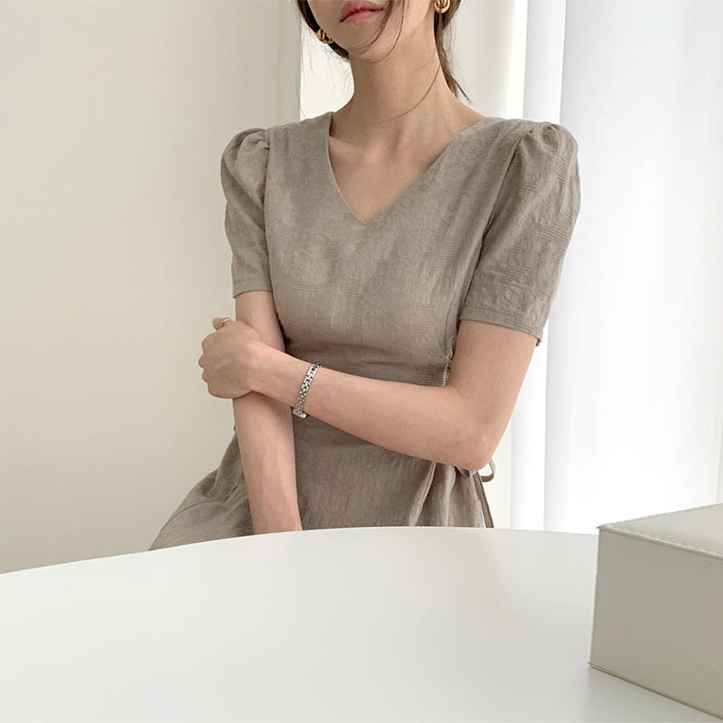 jinran Dresses Women Summer Beige Dress Jacquard Elegant Drawstring Clothes V-neck 2023 Fashion Korean Short Sleeve High Waist