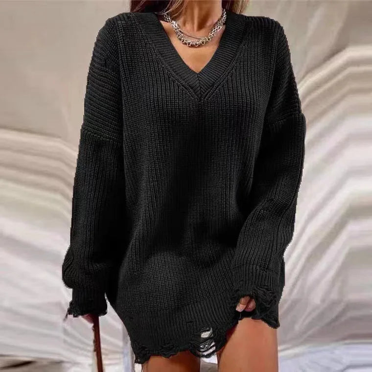 jinran Women Ripped Hole Knit Dress Autumn Winter Long Sleeve Mini Sweater Dresses Casual Loose Oversize Knitted Short Dresses