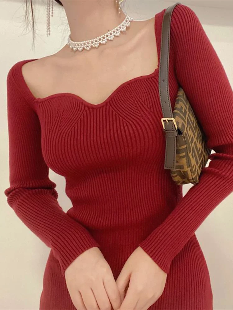 jinran Vintage Harajuku Slim Sweater Dress Women Autumn Winter Long Sleeve Bodycon Knitted Midi Dresses Party Evening Club Female