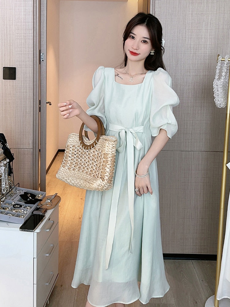 jinran Solid Sexy Casual Bow Square Collar Short Puff Sleeve Evening Midi Dresses for Women Summer New Maxi Dress Elegant Clothing