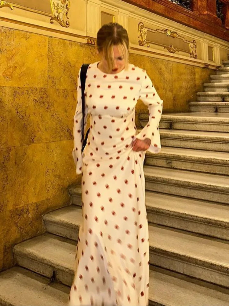 jinran Women's 2024 Autumn O-Neck Long Sleeve Floral Print Satin Bodycon Maxi Dress For Ladies Elegant Slim Evening Dress