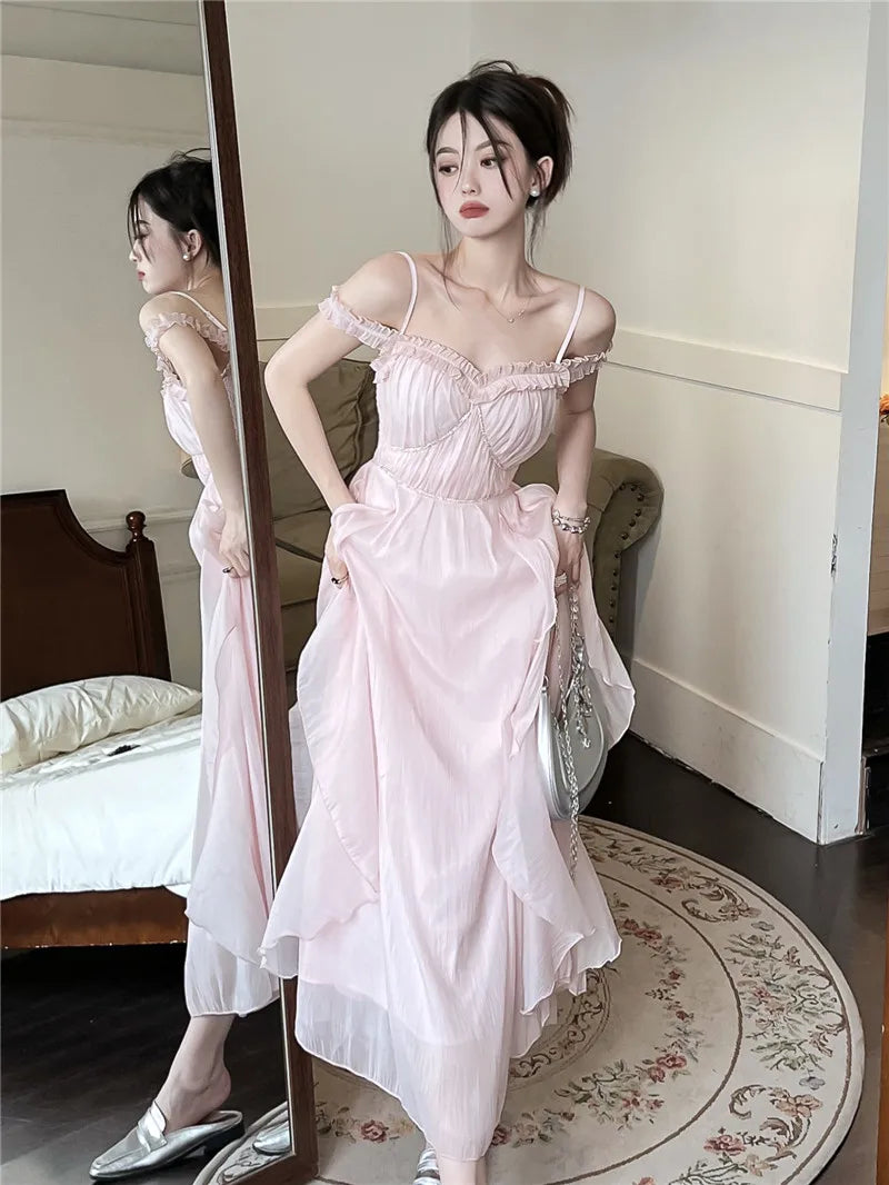 jinran Summer Women Sweet Pink Fairy Chiffon Midi Dress Korean Elegant One-piece A-Line Vestidos Female Clothing Mujers
