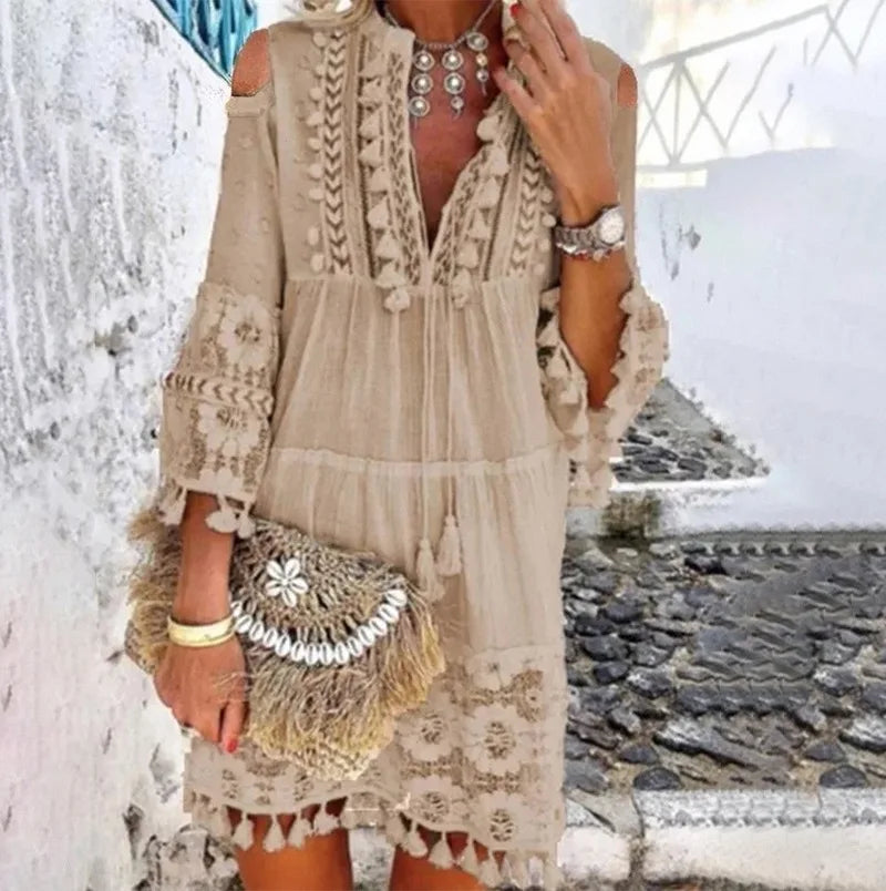 jinran New Spring Embroidery Crochet Lace Boho Dress Women Elegant Off Shoulder Tassel Ruffle Mini Dress Summer V Neck Lady Beach Dress