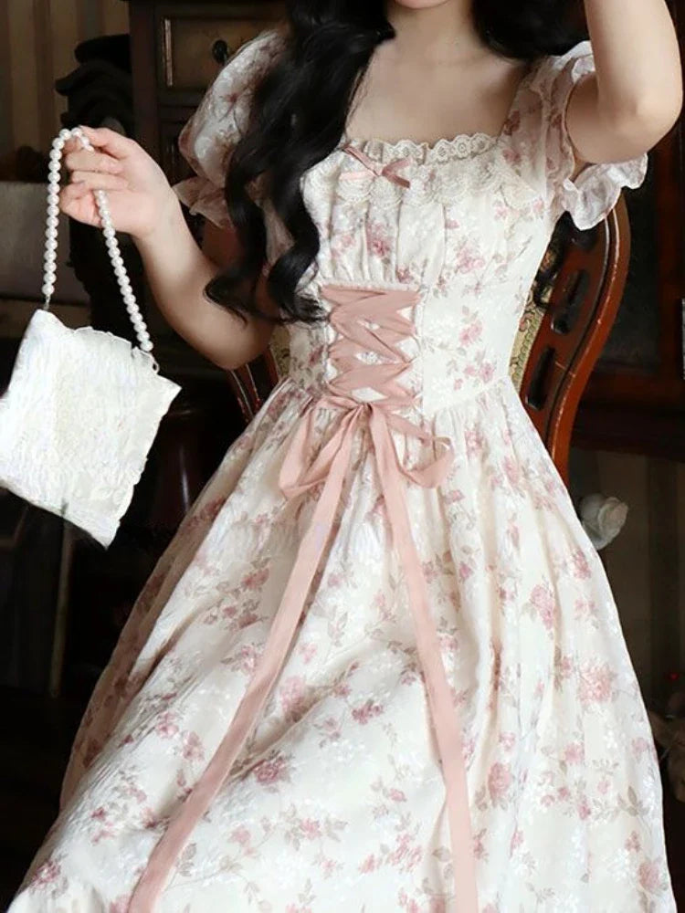 jinran Summer Lace Korean Fairy Dress Women Square Collar Princess Kawaii Floral Midi Dress Female Bandage Sweet Dresses Fashion