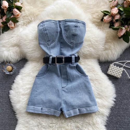 jinran Summer Rompers Women Jeans Jumpsuit off shoulder Loose Casual Denim Rompers Womens Jumpsuits Wide Leg Casual Denim Overalls