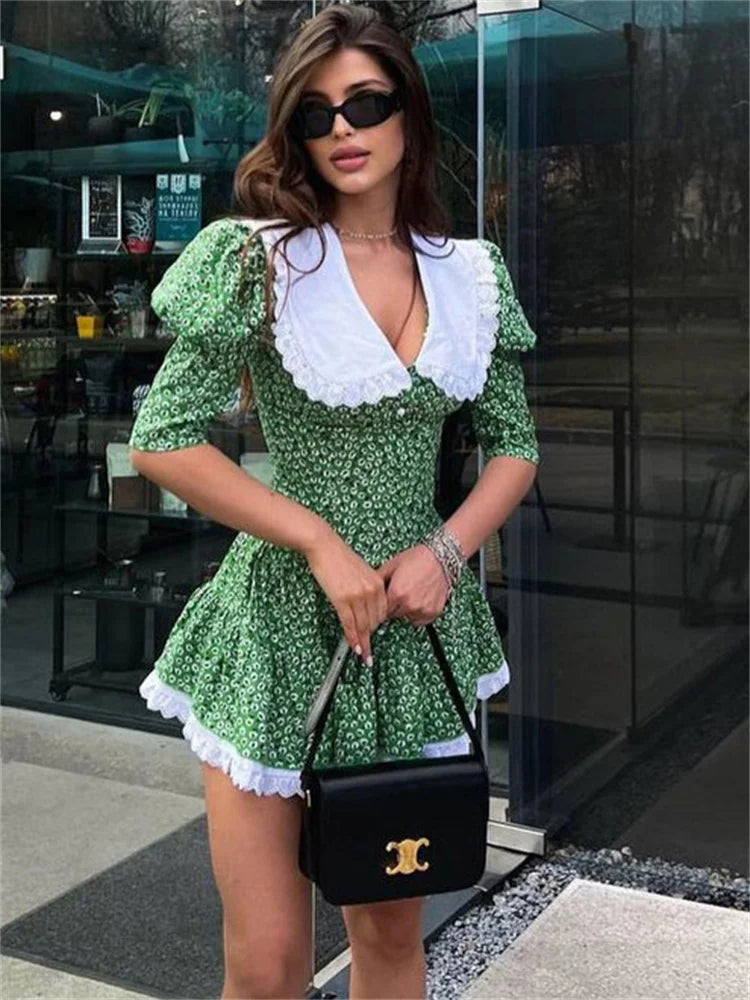 jinran Summer Printed Patchwork Mini Dress Female V-Neck Short Sleeve Slim Fashion Elegant Party Dress Gown For Women Dress 2024