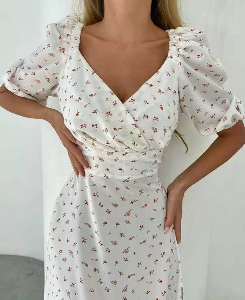 jinran Summer Cute Flower Puff Sleeves Dresses Women Sexy V-neck Slit Beam Waist Long Dress Female Vintage Elegant Red Dress