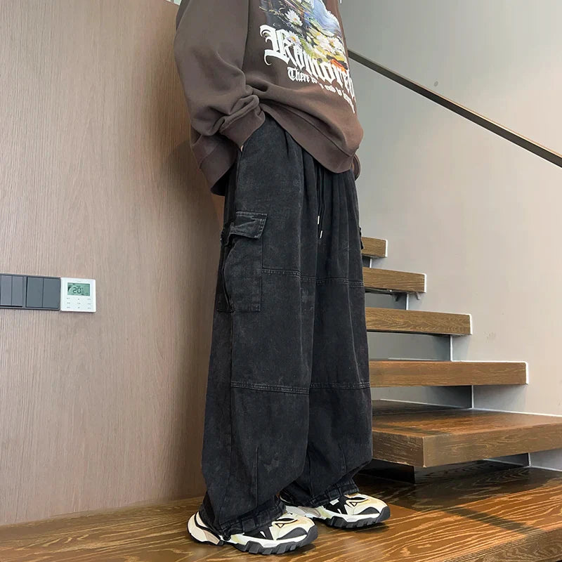 Men's Patchwork Cargo Jeans Oversized Wide Leg Trousers Men Muti-pockets Hip Hop Streetwear 90s Vintage Fashion Tooling Pants