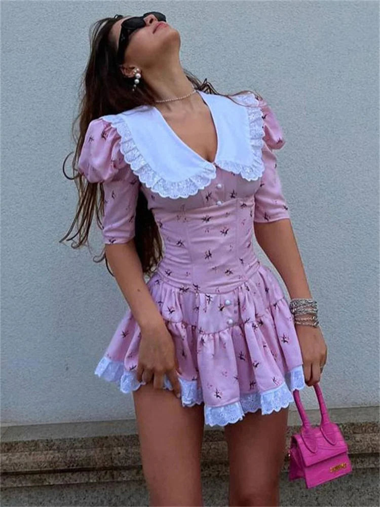 jinran Summer Printed Patchwork Mini Dress Female V-Neck Short Sleeve Slim Fashion Elegant Party Dress Gown For Women Dress 2024