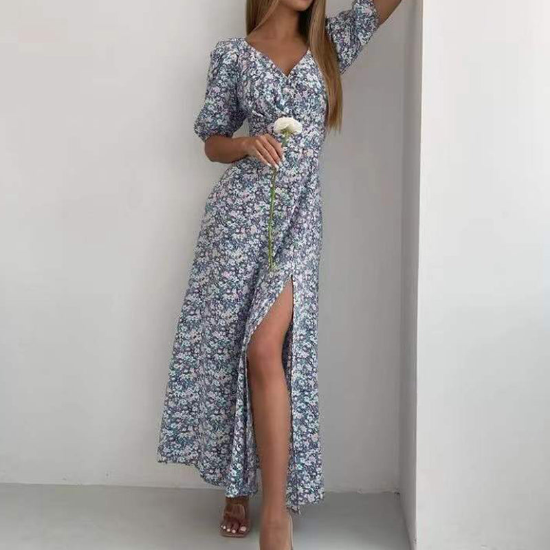 jinran Summer Cute Flower Puff Sleeves Dresses Women Sexy V-neck Slit Beam Waist Long Dress Female Vintage Elegant Red Dress