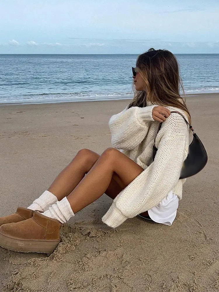 nvxiot - Autumn Solid Wool Blends Round Neck Knitted Pullover Women Casual Lattern Long Sleeve Loose Warm Sweater New Streetwear lady