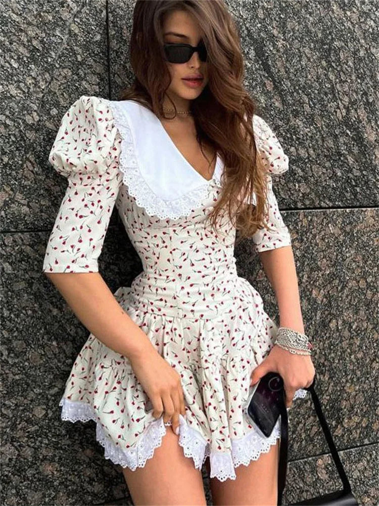 jinran Summer Printed Patchwork Mini Dress Female V-Neck Short Sleeve Slim Fashion Elegant Party Dress Gown For Women Dress 2024
