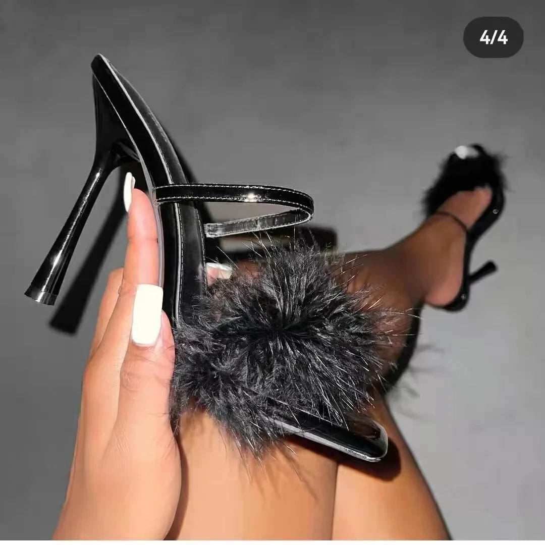 jinran Women's Stiletto High Heel Slippers Sexy Square Toe Feather Green Mules 2024 Summer New Fashion Open Toe Party Wedding Slippers