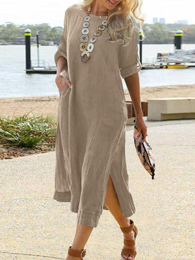 jinran Summer Short Sleeve Crew Neck Summer Dress Lady Holiday Solid Split Boho Long Dress Women Casual Loose Sundress Cover Up